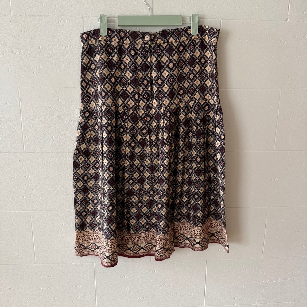 Vintage 70s | Flowy Pleated Midi Skirt Geometric Print Boho | Size Large - Picture 7 of 7